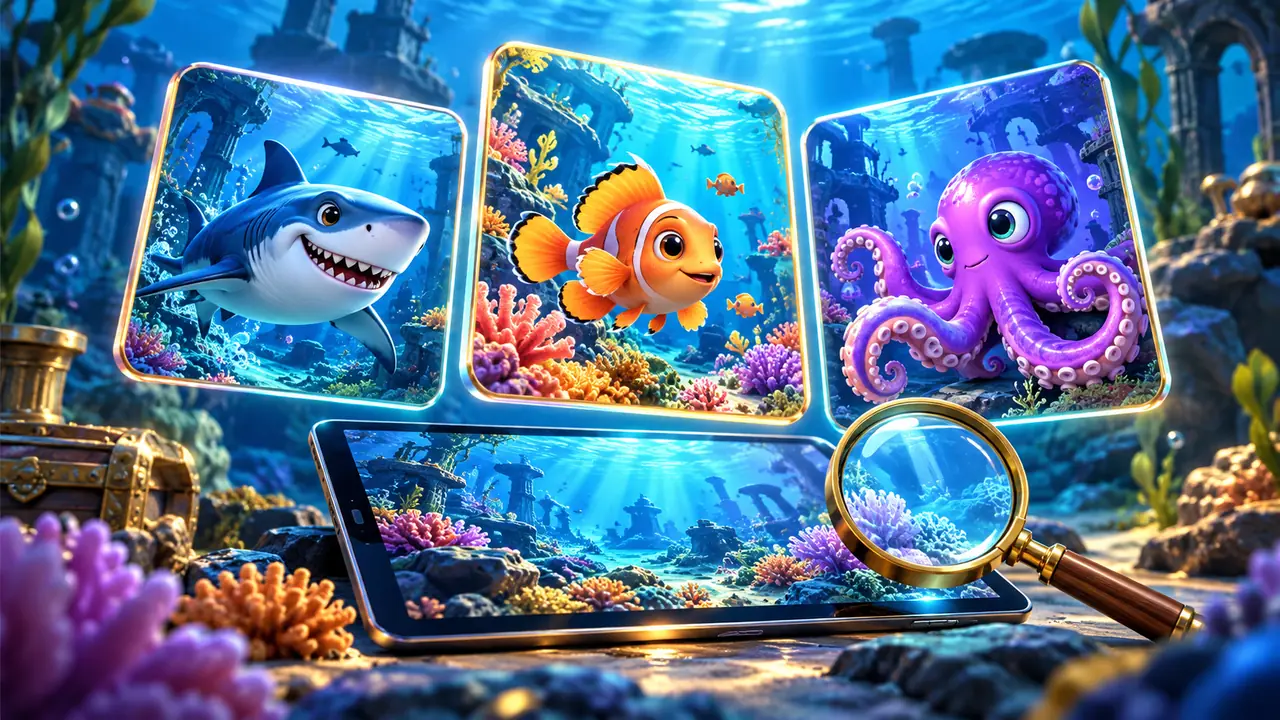 ภาพเกมธีมฉลาม ปลา และหมึกสามแบบ พร้อมแท็บเล็ตกับแว่นขยายเพื่อเปรียบเทียบ