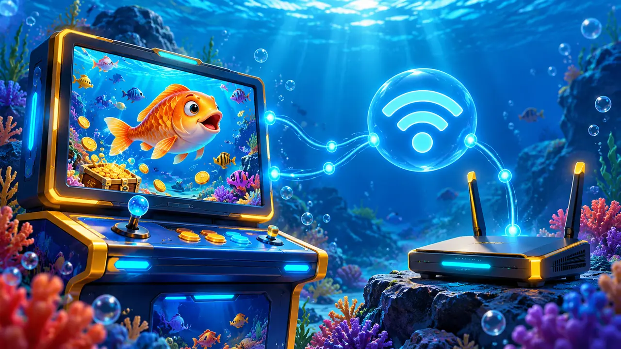 ตู้เกมภาพปลาเชื่อมต่อกับเราเตอร์และสัญลักษณ์ Wi-Fi ในฉากใต้น้ำ