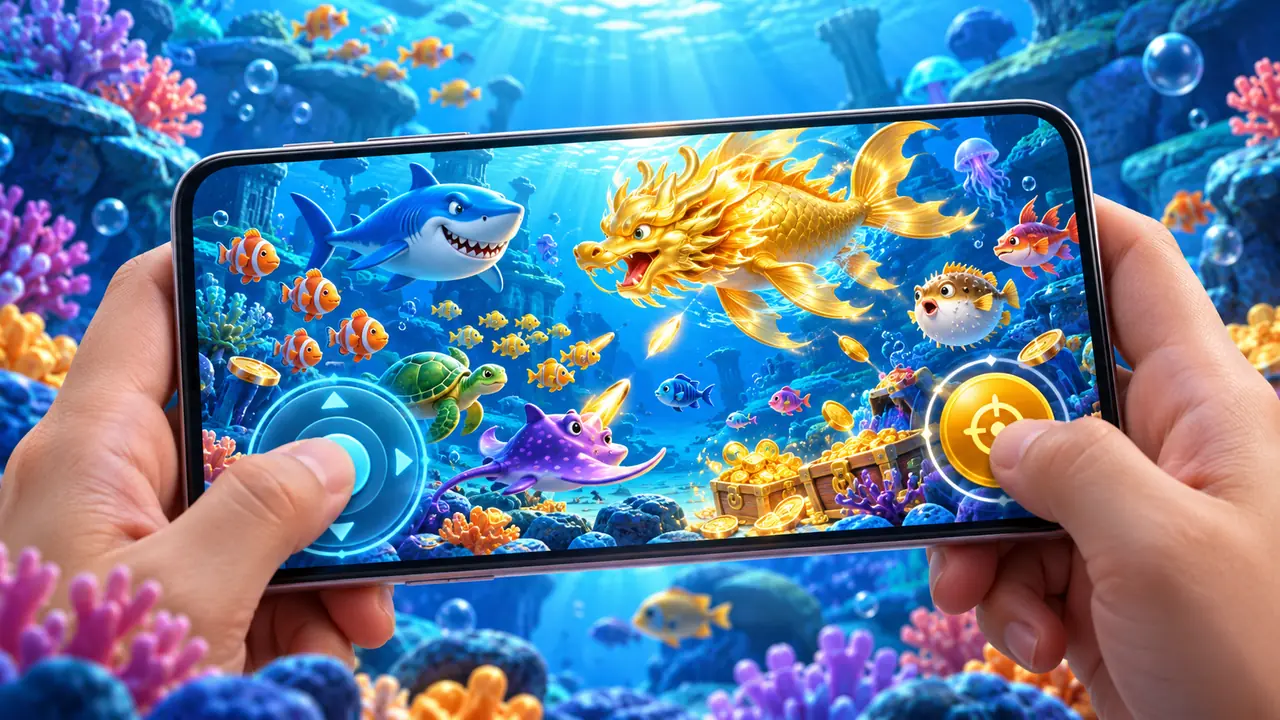 มือจับโทรศัพท์แนวนอนที่แสดงฉากเกมยิงปลาและปุ่มควบคุมบนหน้าจอ