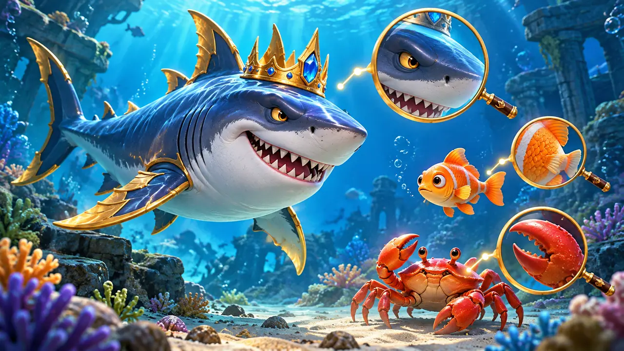 ฉลามสวมมงกุฎ ปลาเล็ก และปู พร้อมแว่นขยายเปรียบเทียบรูปร่างเป้าหมายเกมยิงปลา
